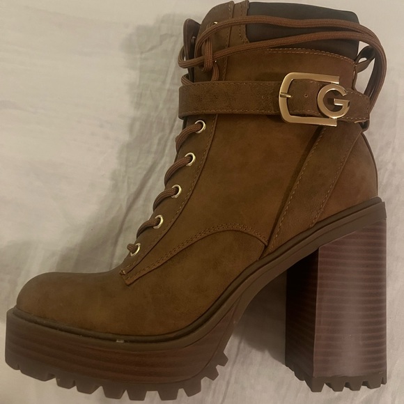 Guess Brown Lace-Up Chunky Heel Boots - Picture 1 of 6